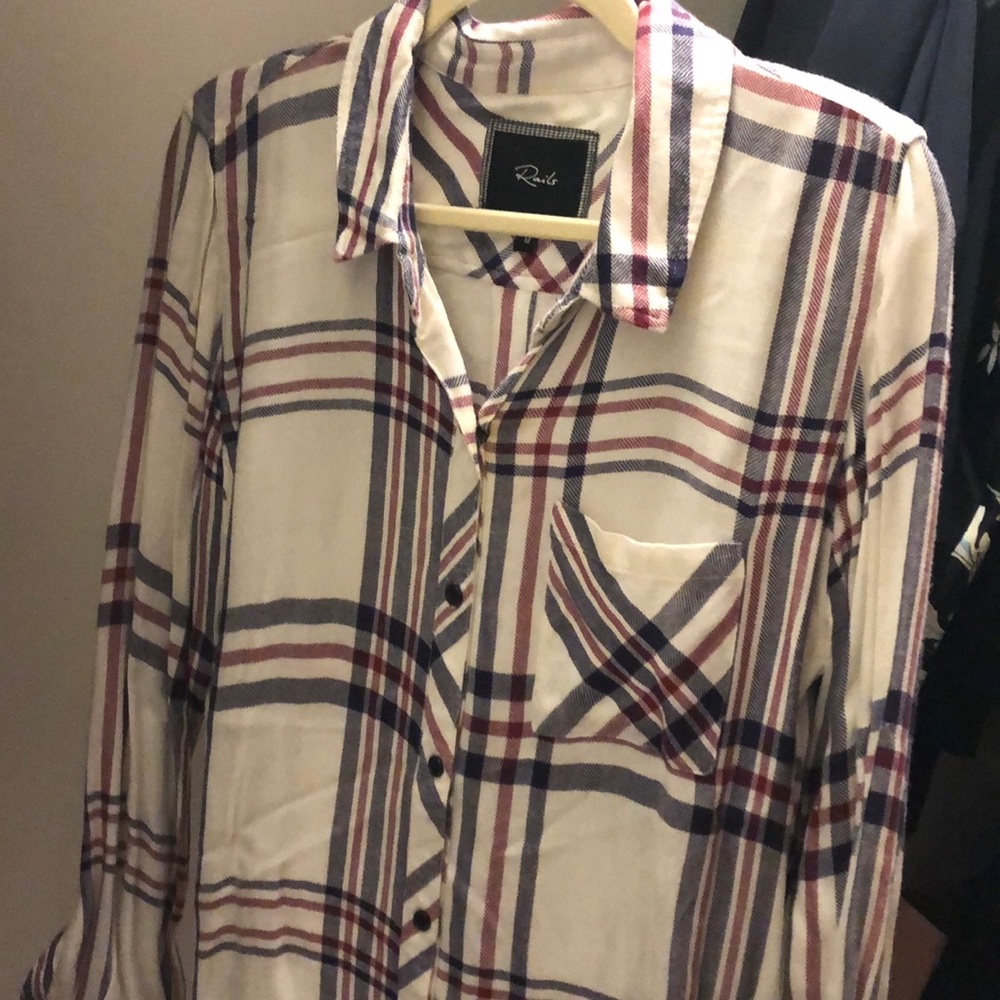 Rails White blue and red button down flannel
